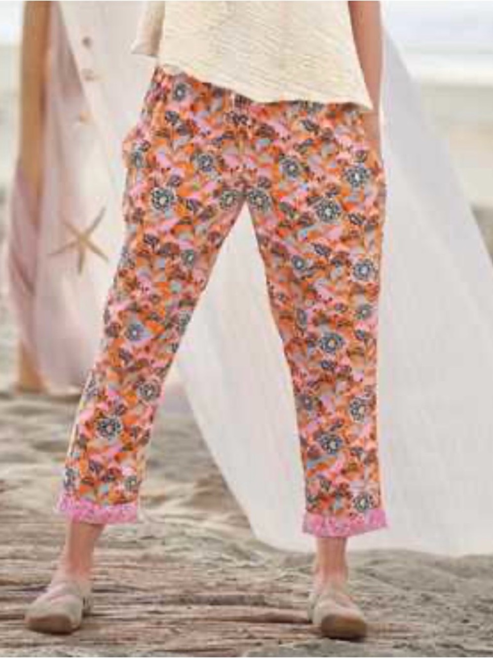 Sundance Leah Floral Gauzy Cotton Pants Orange Pink XS